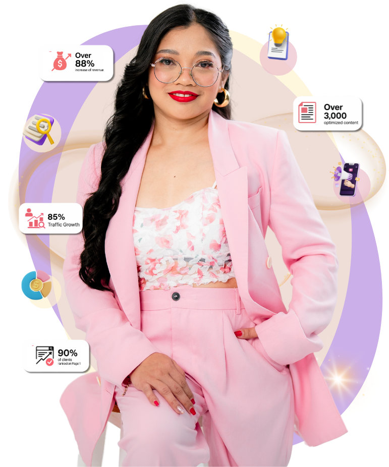 Kareen Liez Datoy, founder of The K Perspective, with client growth metrics
